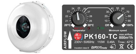 PK160 fläkt 800m³/h med temperatur och hastighets kontroller